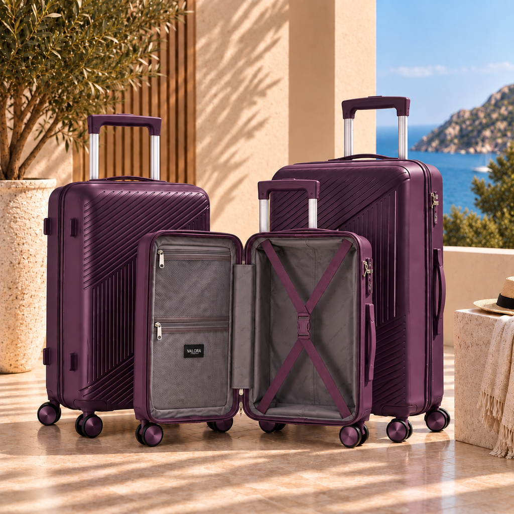 Pack 3 valises de voyage violet Valora ouverte