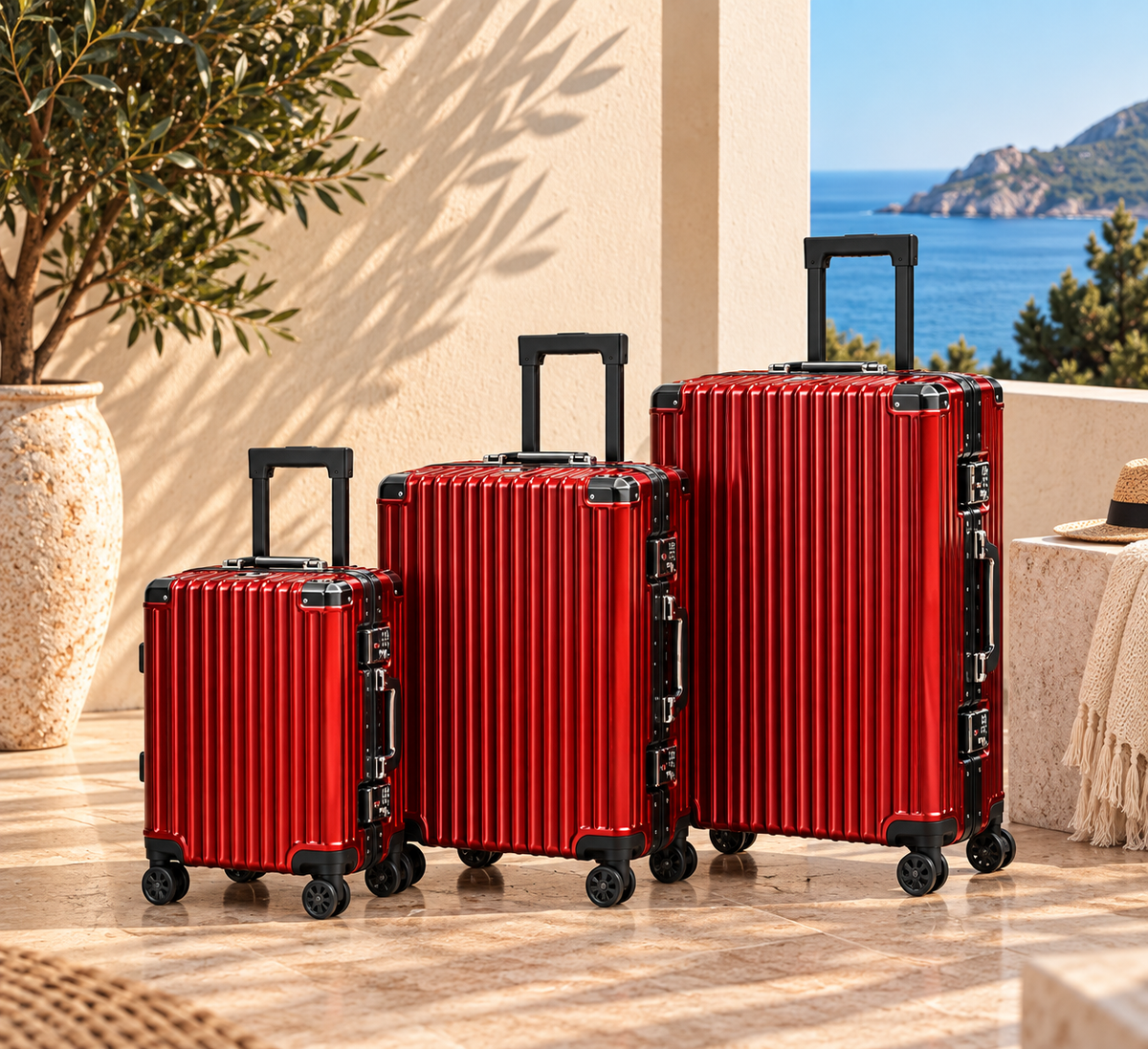Pack luxe 3 Bagages avec Cadenas à Code rouge vu de face