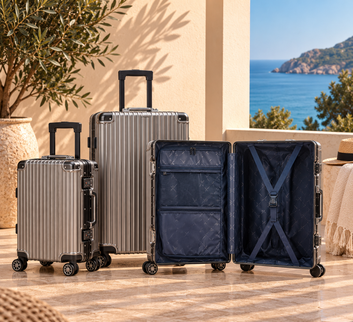 Pack luxe 3 Bagages avec Cadenas à Code gris ouvert