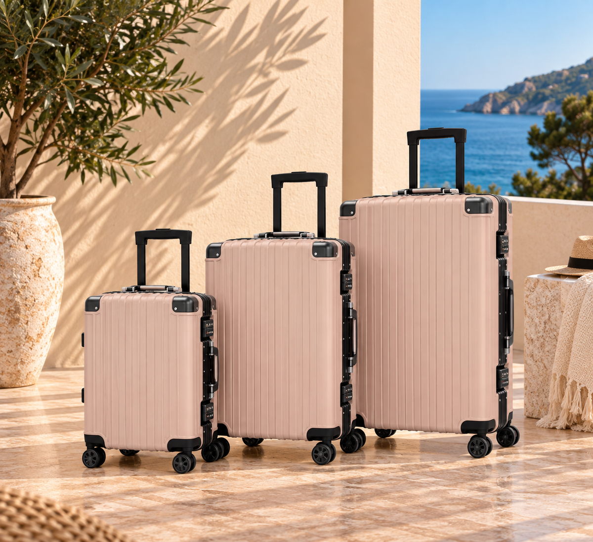 Pack luxe 3 Bagages avec Cadenas à Code rose vu de face