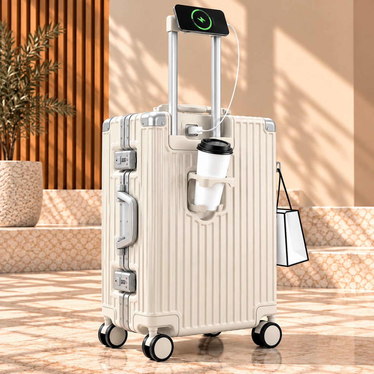 Valise Tech Travel blanc laiteux – Chargeur USB vu côté