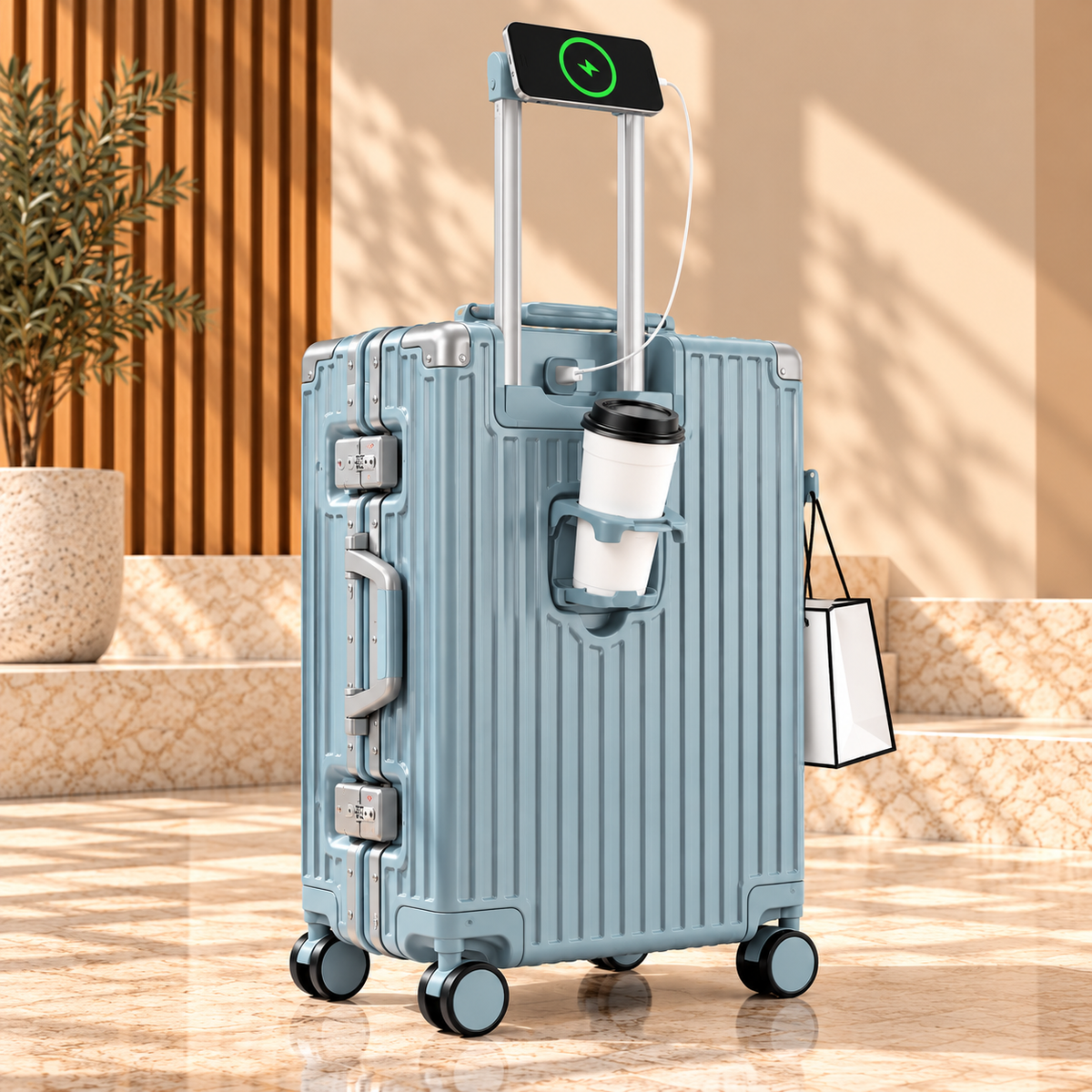 Valise Tech Travel bleu gris – Chargeur USB vue côté