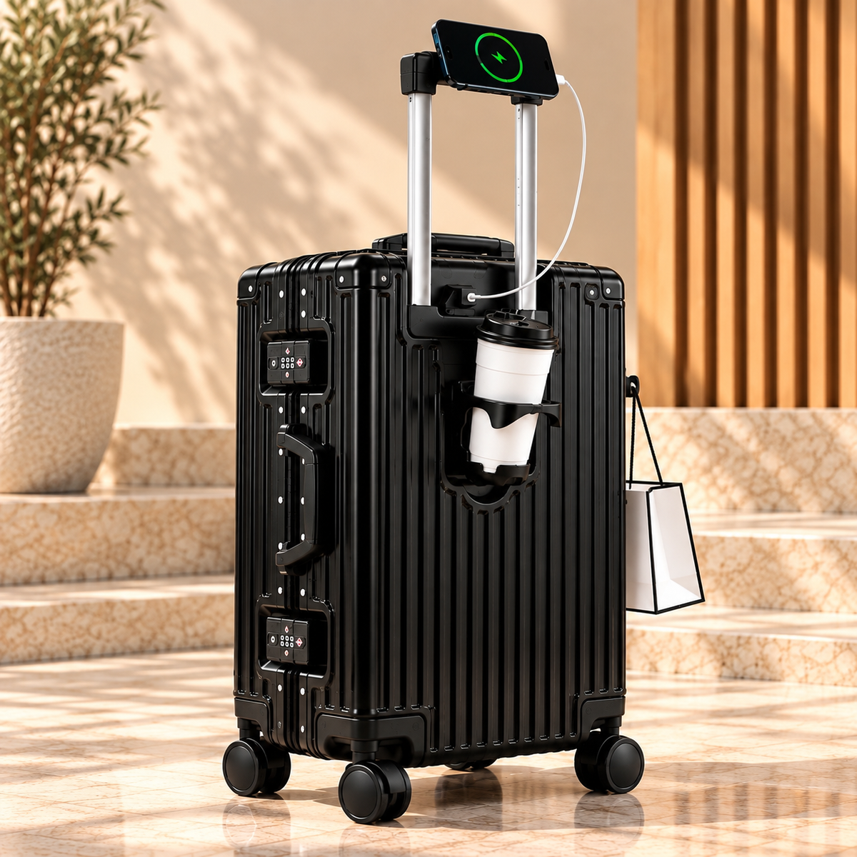 Valise Tech Travel noir – Chargeur USB vue côté