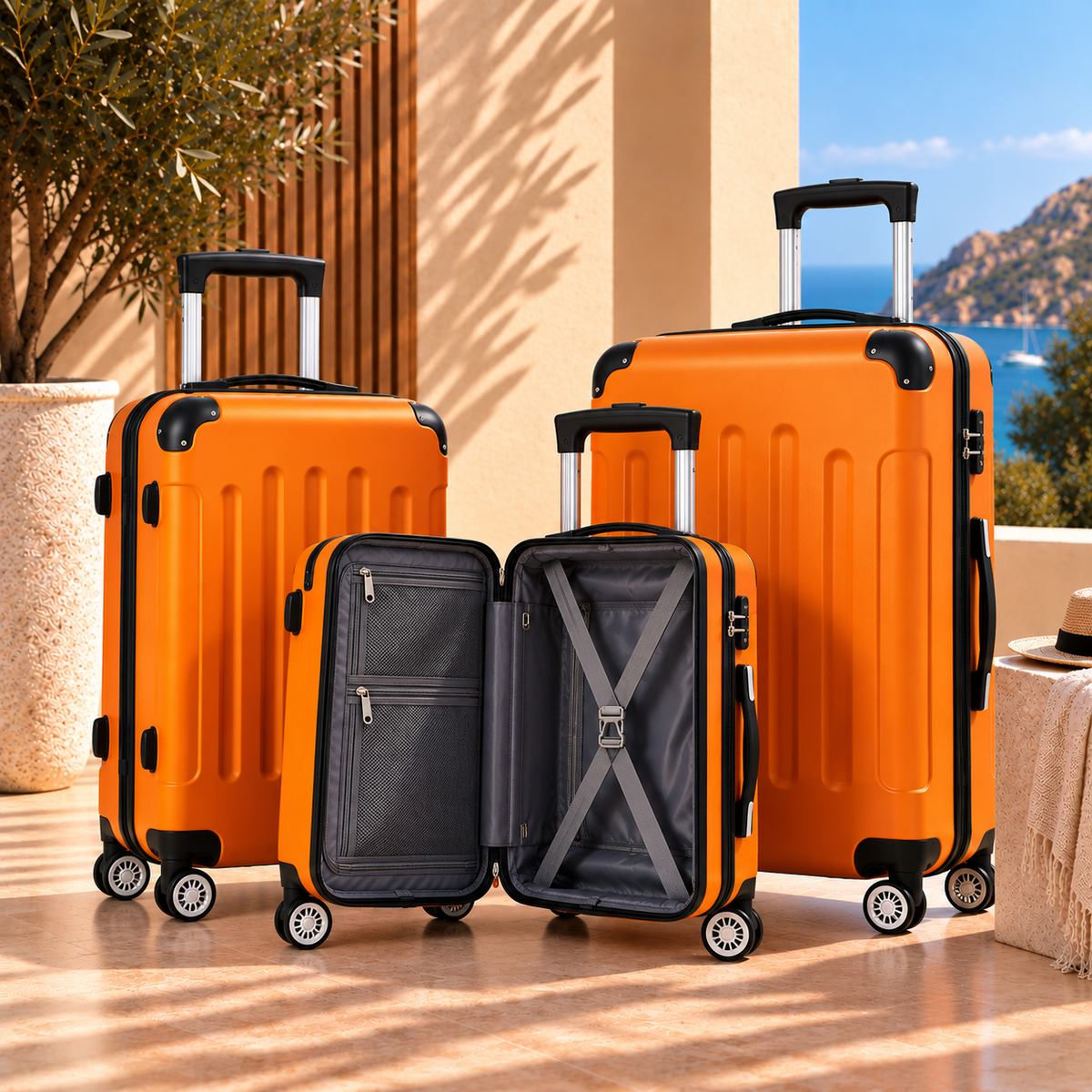 Pack 3 valises orange Valora ouverte avec intérieur visible