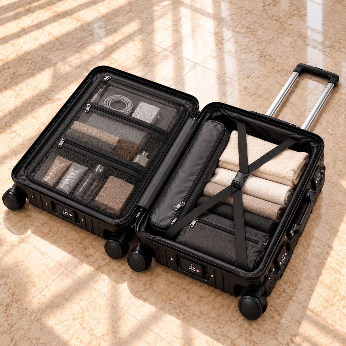 Valise Tech Travel noir – Chargeur USB ouverte