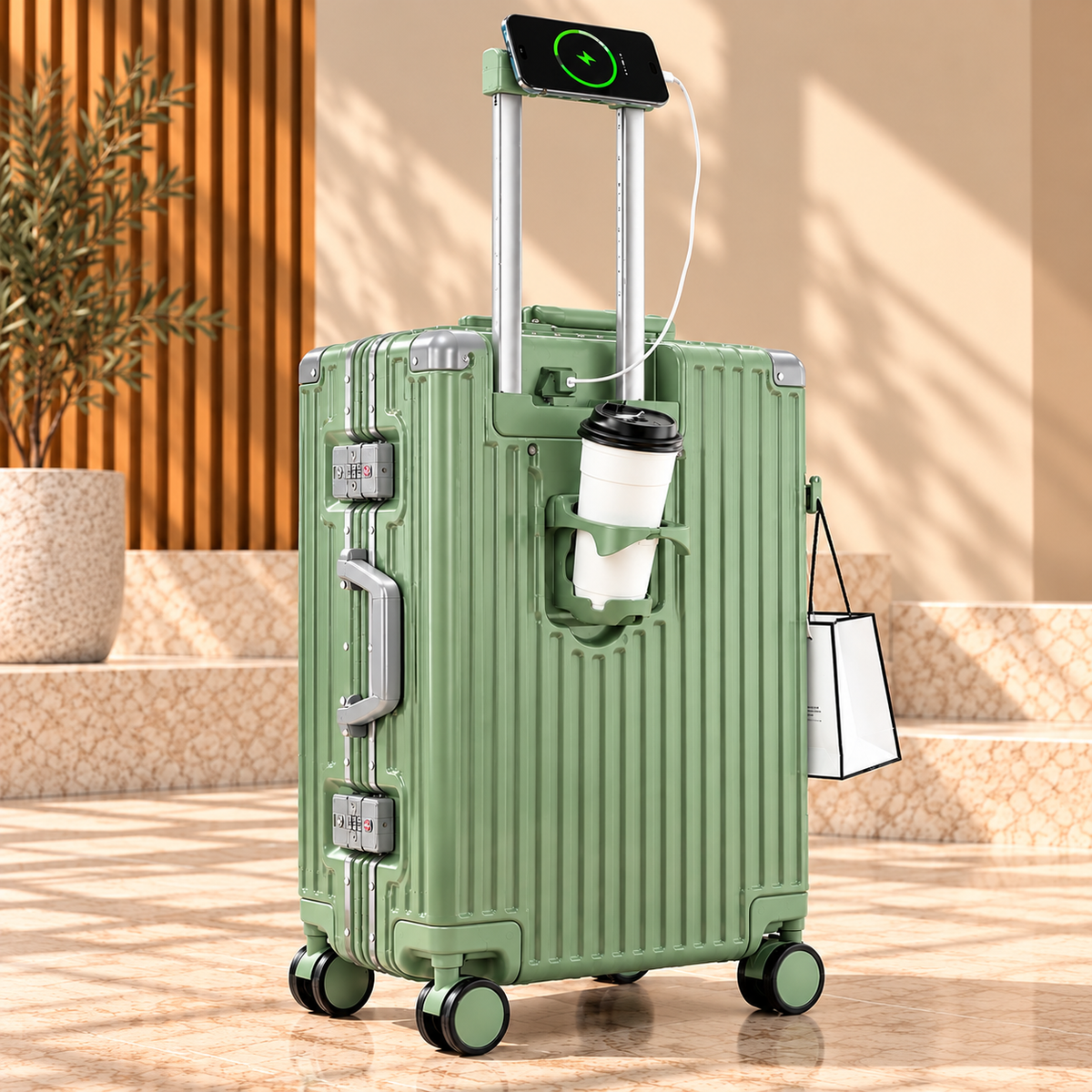 Valise Tech Travel verte – Chargeur USB vu côté