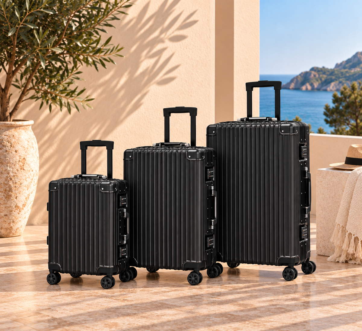 Pack luxe 3 Bagages avec Cadenas à Code noir vu de face