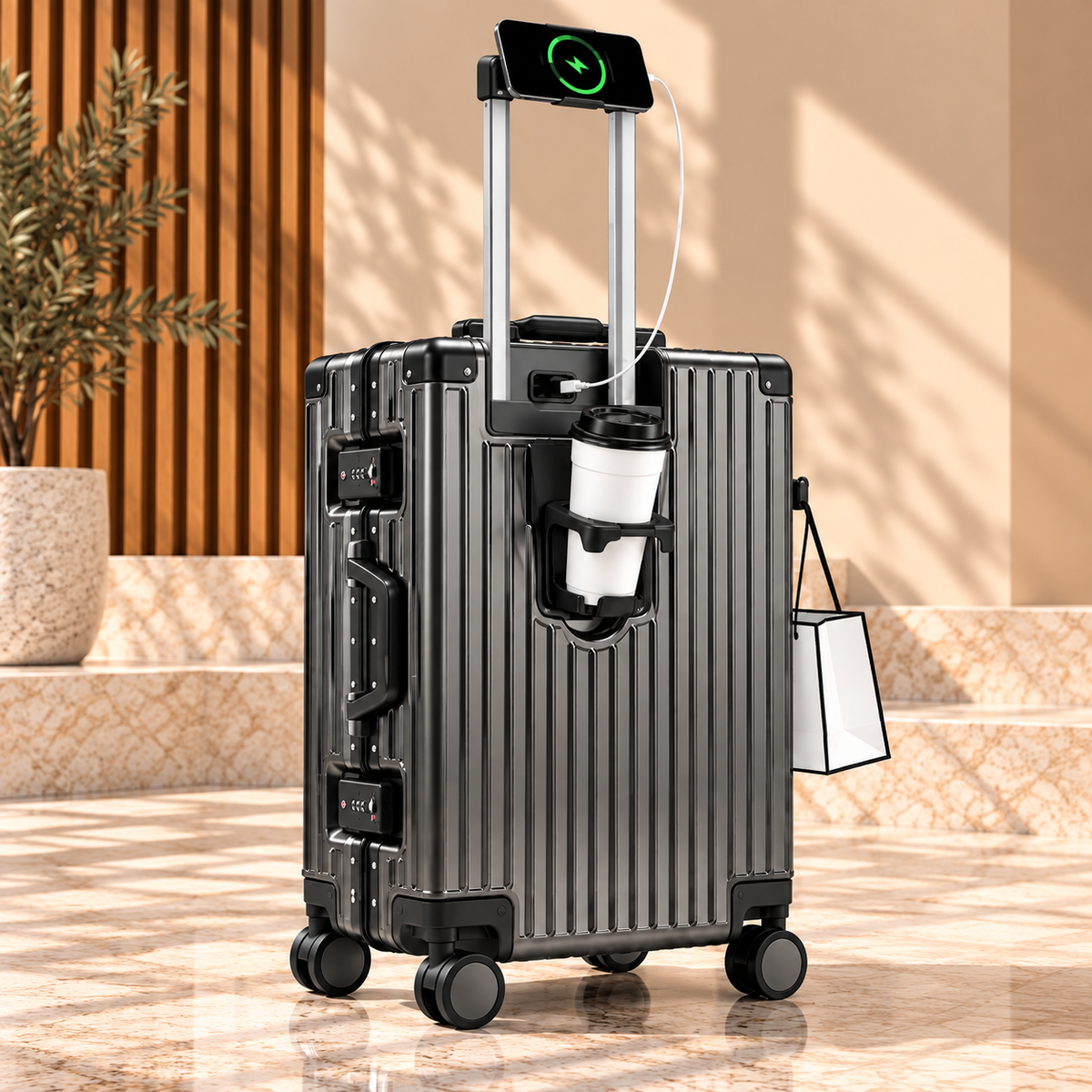 Valise Tech Travel grise foncée vue côté – Chargeur USB 