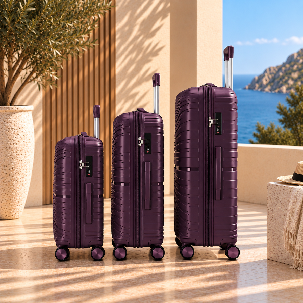 Pack 3 valises de voyage violet Valora vue de côté