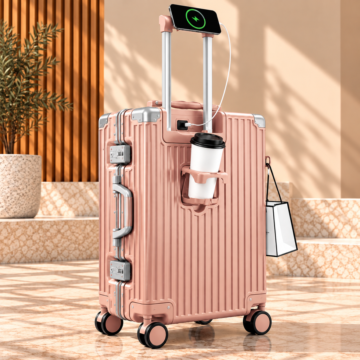 Valise Tech Travel couleur or rose – Chargeur USB vu côté